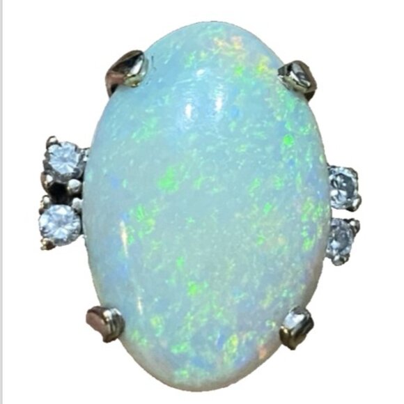 Vintage 14k White Gold Oval Cabochon Opal 2.2ct & Diamond Ring Fine Jewelry 9.75 - Picture 1 of 14